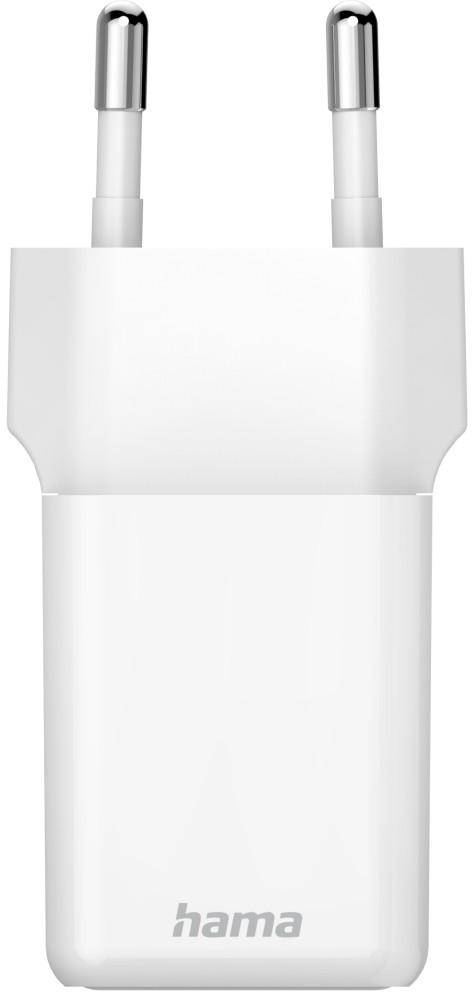 A white USB charger with two plugs is pictured. It bears the 'hama' logo and is suitable for European plug sockets.