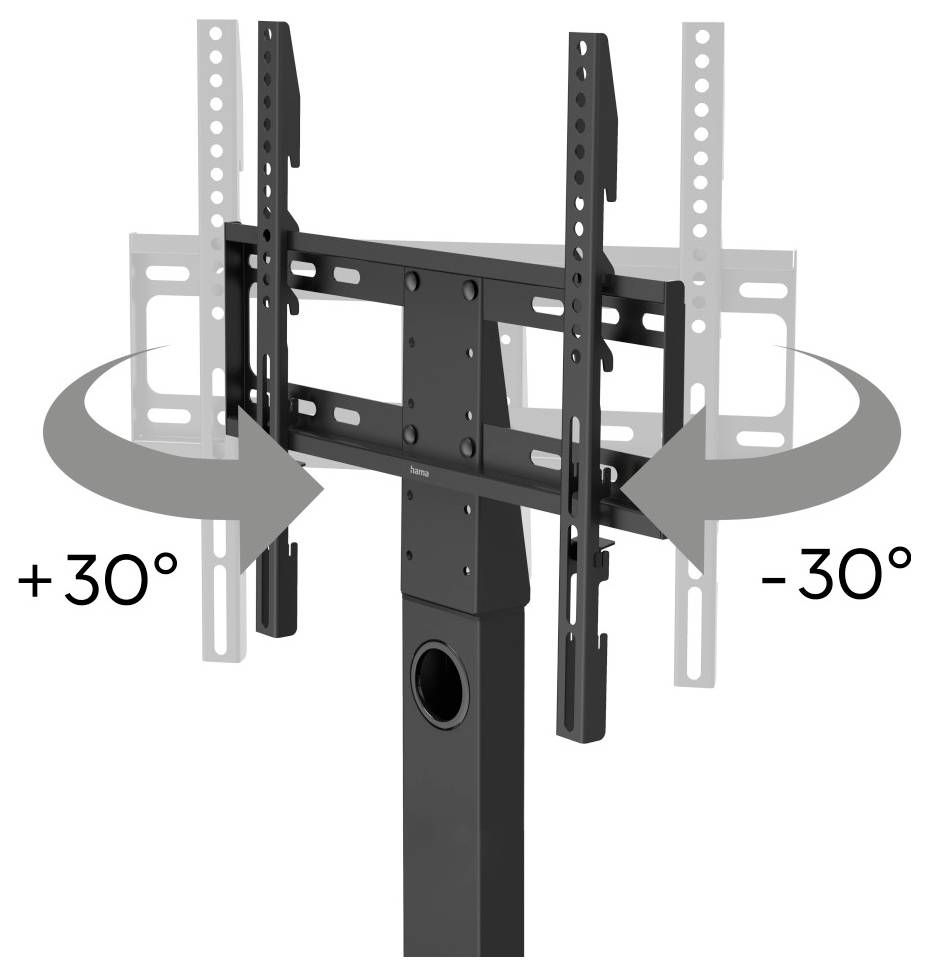 A pivoting TV mount shows that the screen can be tilted +30° to the left and -30° to the right.