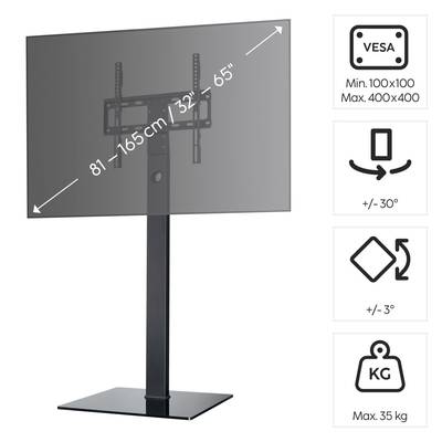 Image of a TV stand with adjustable tilt angle. Supports screen sizes 32" to 65", maximum load 35 kg, VESA compatible.