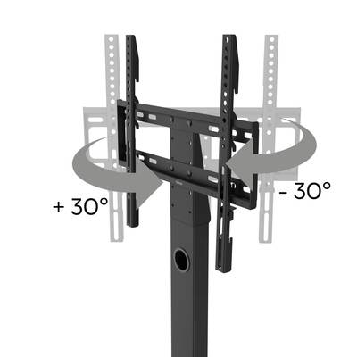 Adjustable TV mount shown in the image, displaying tilt functionality from +30 to -30 degrees. Arrows demonstrate the range of movement.
