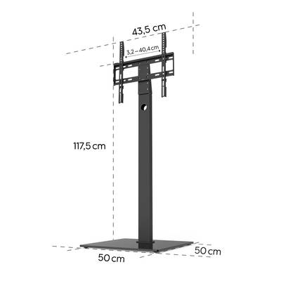 Black metal TV mount, height adjustable up to 117.5 cm, width 43.5 cm. Base measures 50 cm square.