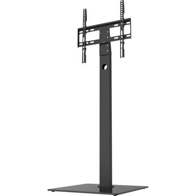 'Black TV stand with flat base and height-adjustable mount, suitable for large screens.'