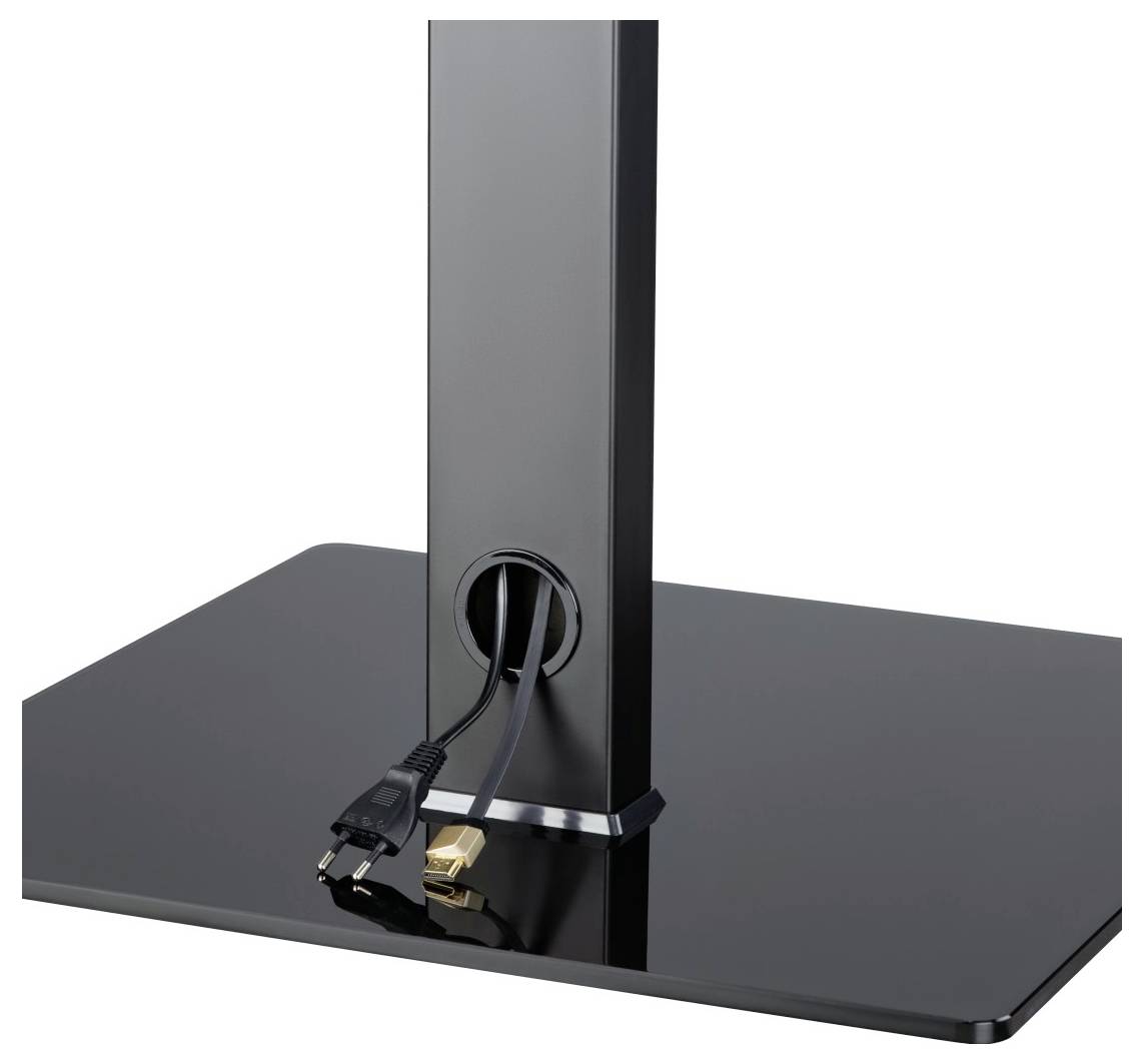 A black glass panel with an upright stand. Two cables lead out through an opening in the stand.