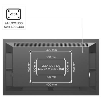 Back of a monitor with VESA mounting holes. Minimum VESA size 100x100 mm, maximum 400x400 mm. Arrows indicate the distances.