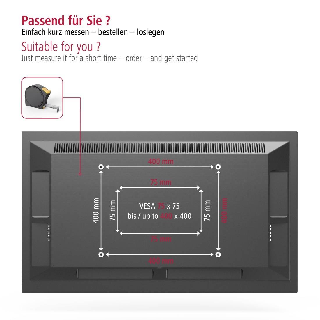'Right for you? Simply measure quickly – order – get started.' Figure shows screen rear with mounting measurements for VESA attachment.