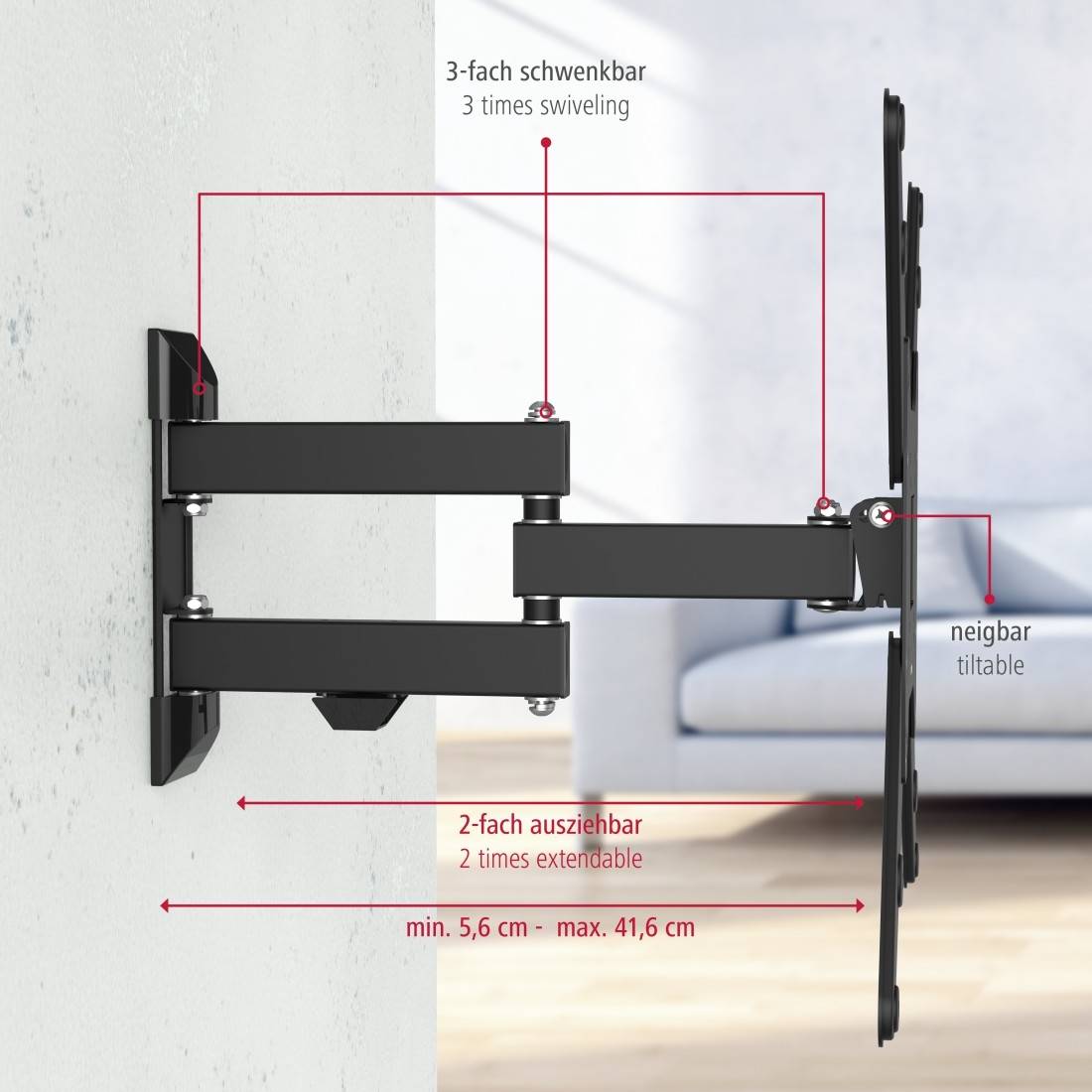Wall mount for television, triple-pivoting and tiltable, double-extendable between 5.6 cm and 41.6 cm.