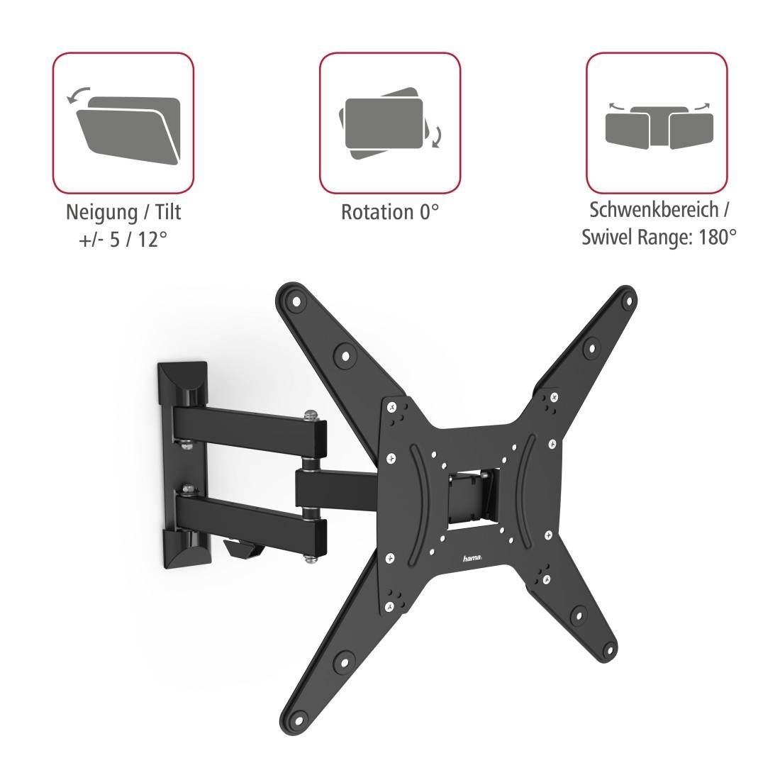 TV Wall Mount with Pivoting Arms, Tiltable by +/- 5/12 Degrees, Rotatable by 0 Degrees, Swivel Range of 180 Degrees.