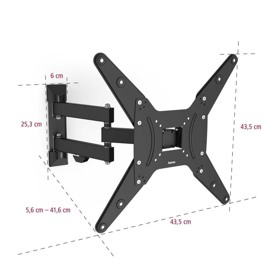 Wall mount for television with rotatable and tilting arm. Dimensions: 25.3 cm high, 43.5 cm wide. Fits screens 43.5 cm diagonal.