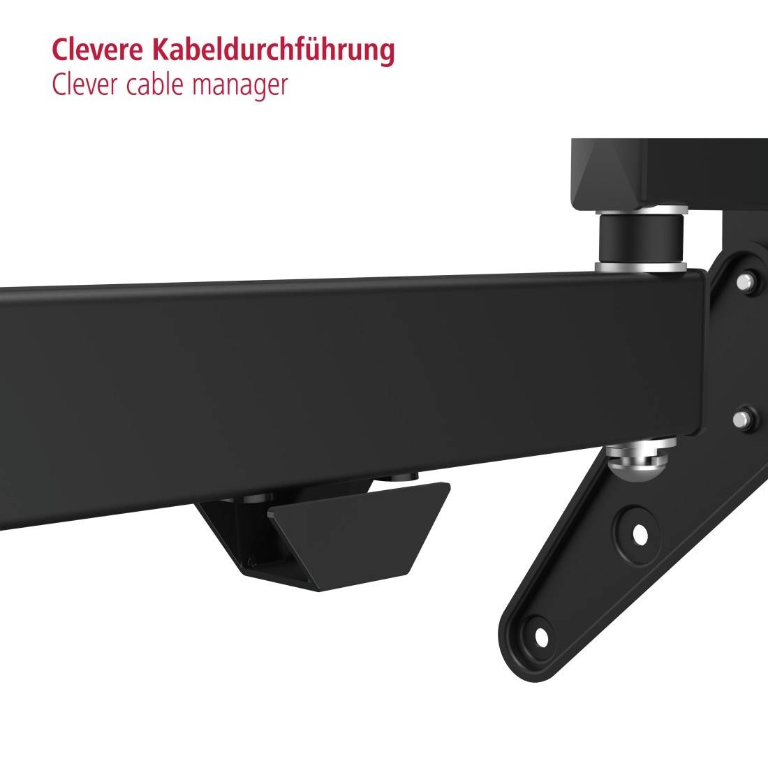 Mounting bracket with cable entry point that enables tidy cable management. Top left reads 'Clever Cable Routing'.