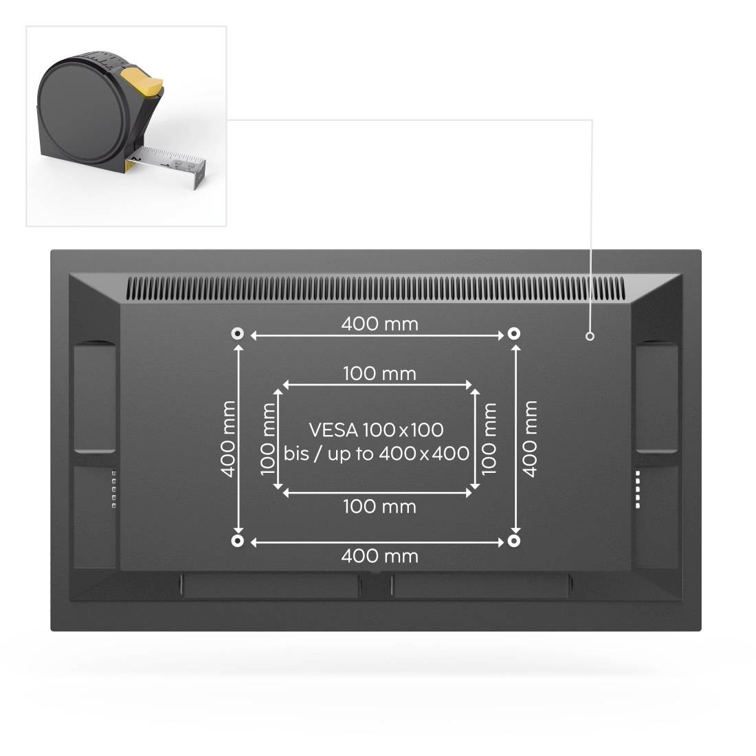 Back of a monitor with marked VESA mounting points. A measuring tape shows dimensions from VESA 100x100 to 400x400 mm.