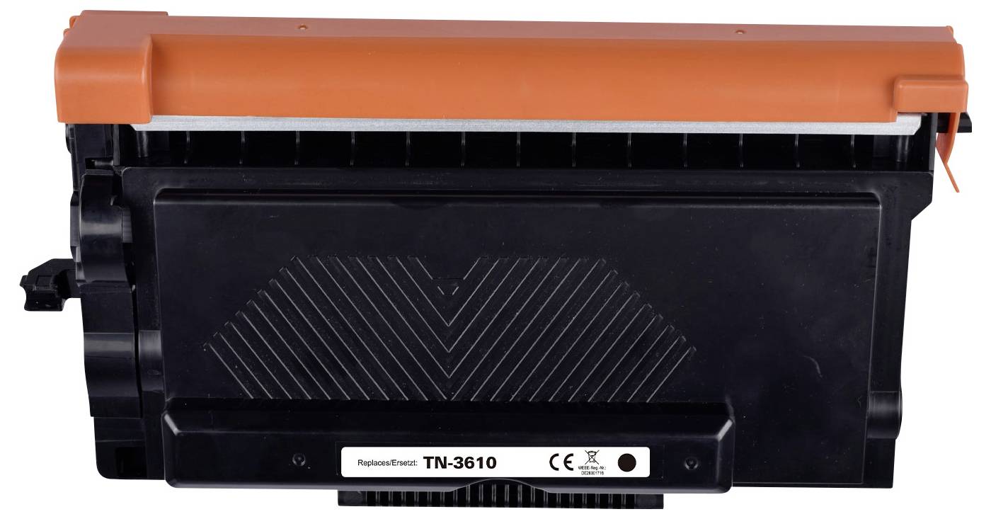 Black toner cartridge TN-3610 with an orange protective cover, suitable for office printers, CE marking visible.