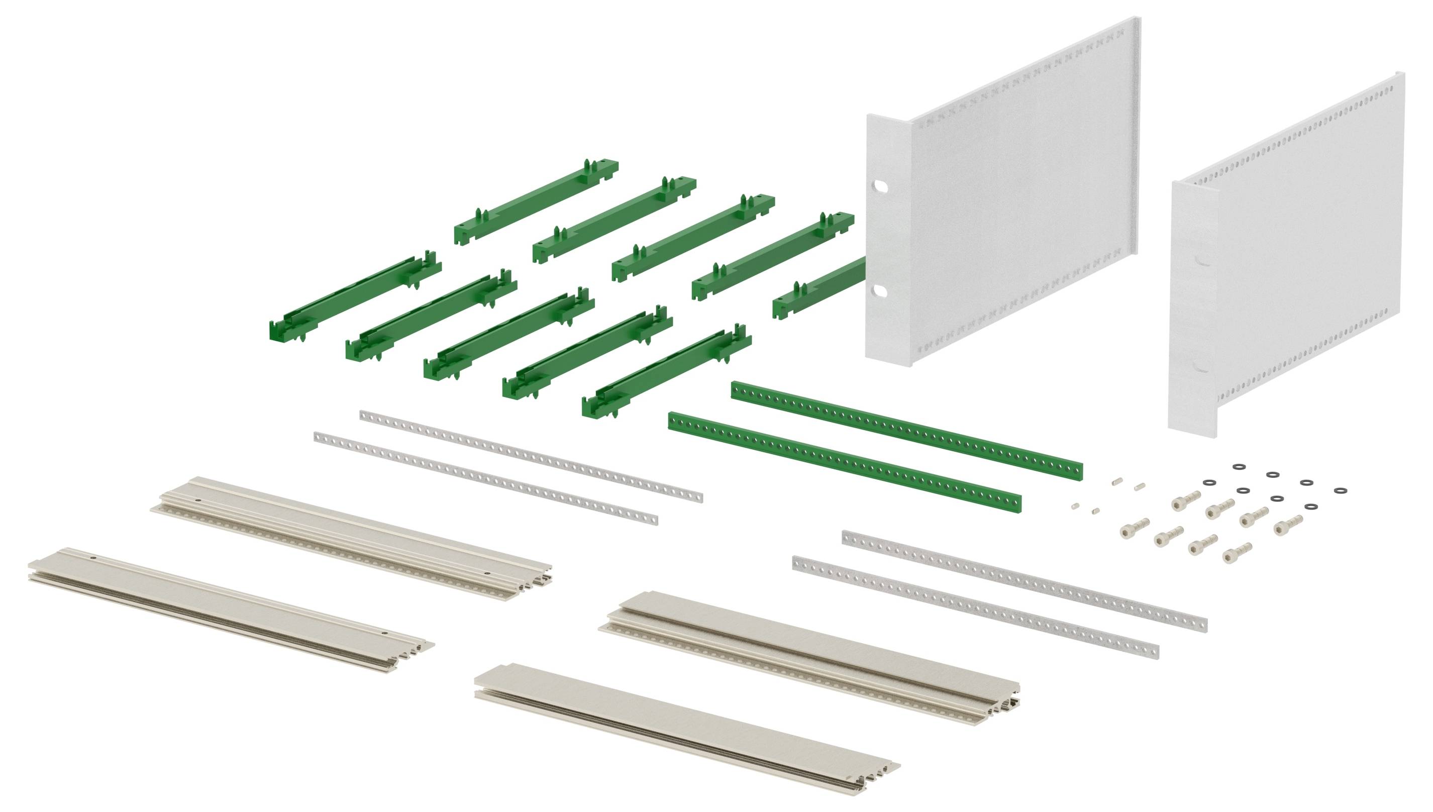 Electronic component assembly kit showing multiple green connectors, two gray side panels, metal rods, tan base rails, and screws laid out separately.