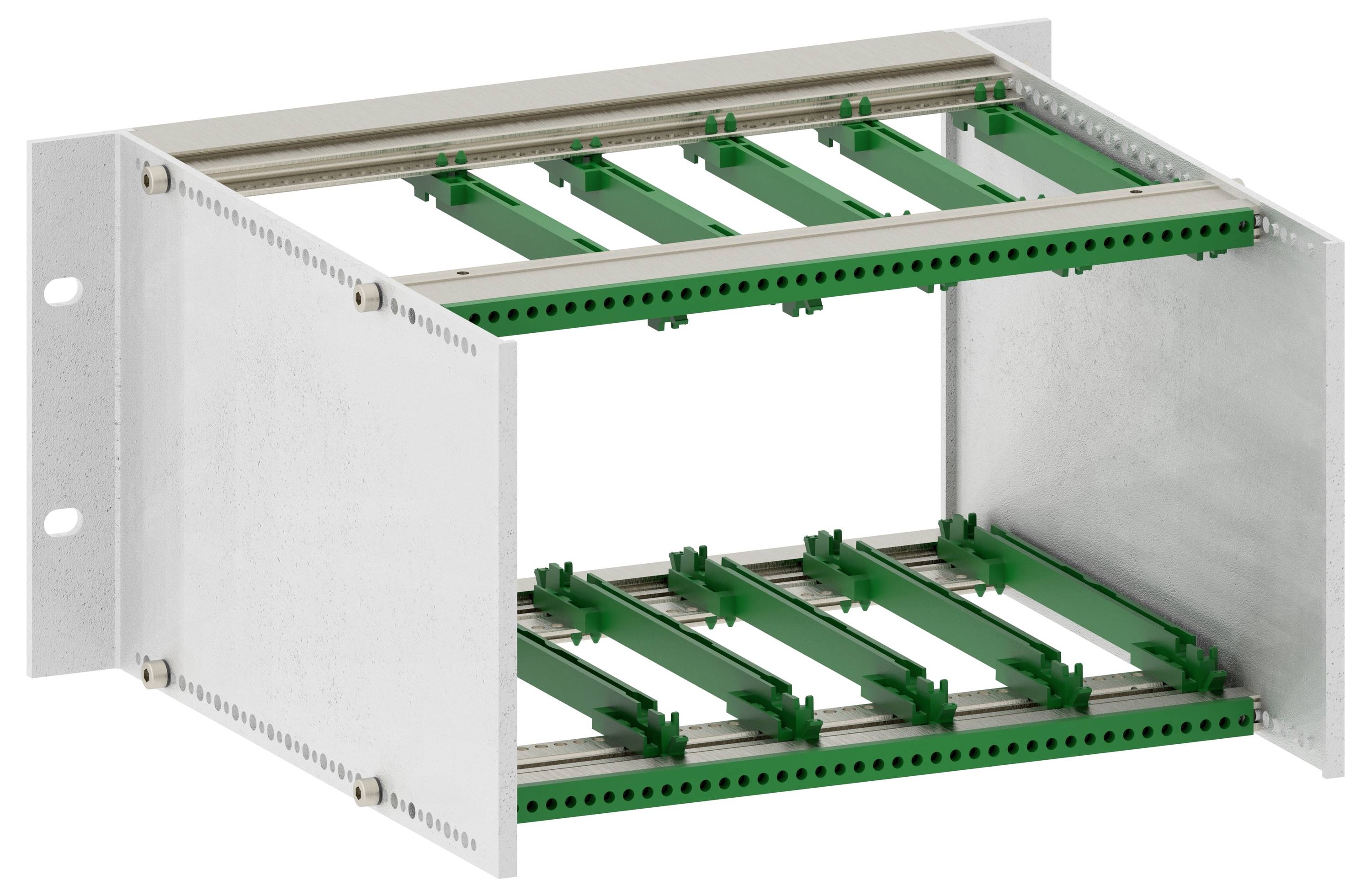 Metal electronic rack with green interior brackets and mounting holes, used for organizing or installing electronic components.