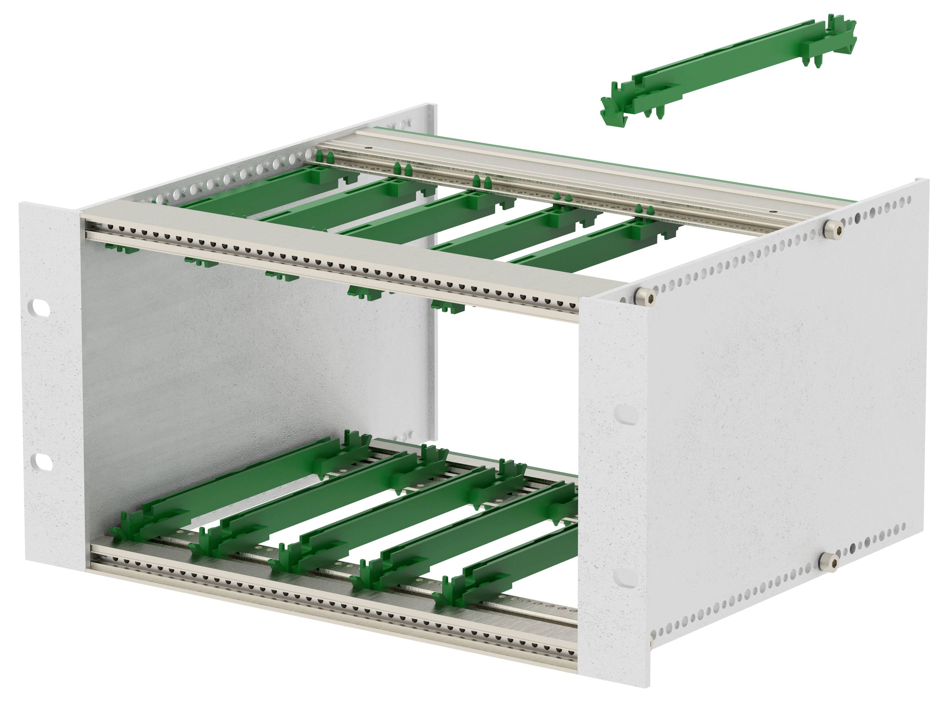 An empty electronic enclosure with green metal rails inside for mounting hardware, depicted from a three-quarter angle. A rail is detached.