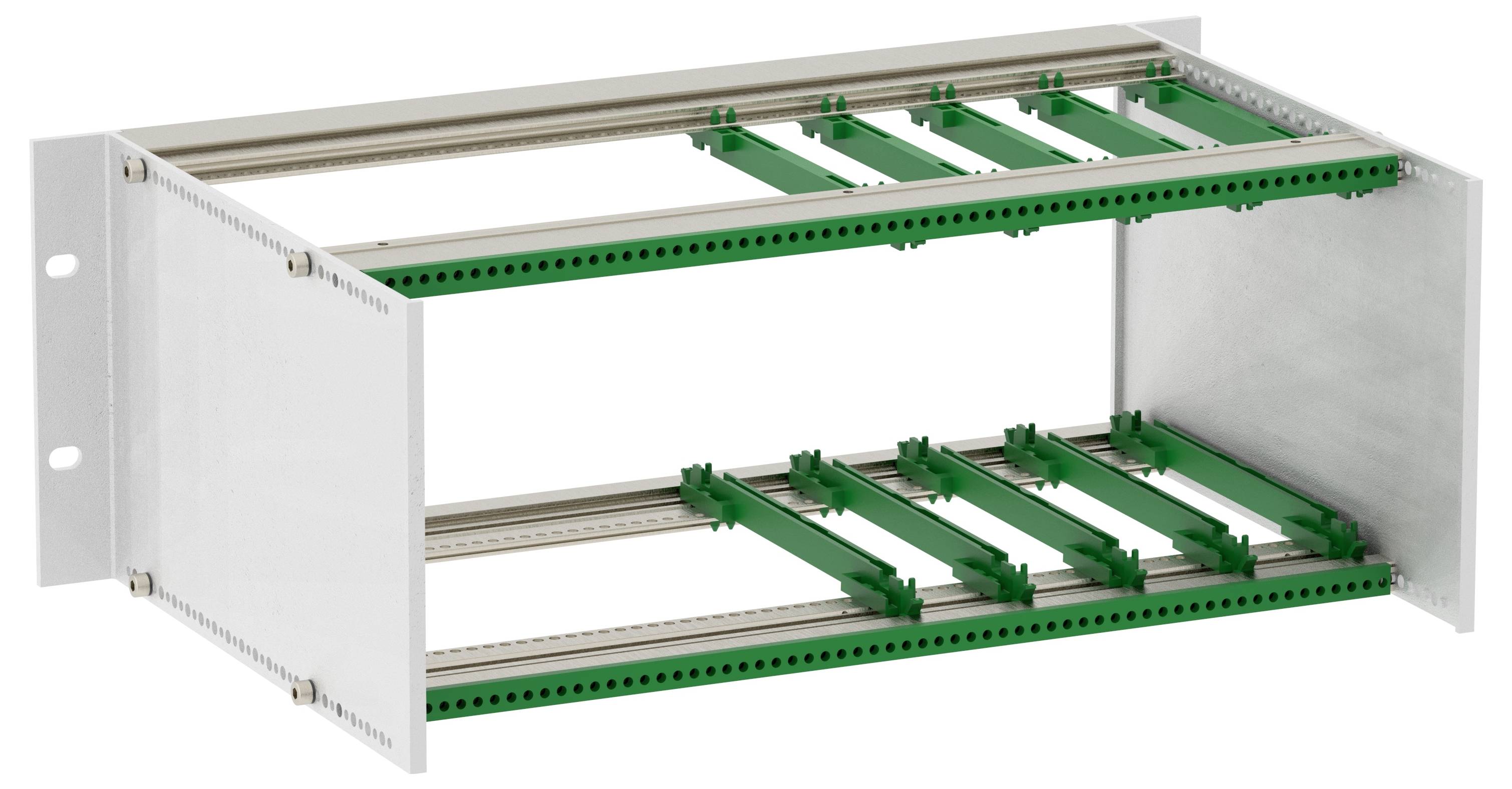 'Metal frame with green mounting rails for electronic components, open on sides, used in industrial settings for housing and organizing parts.'