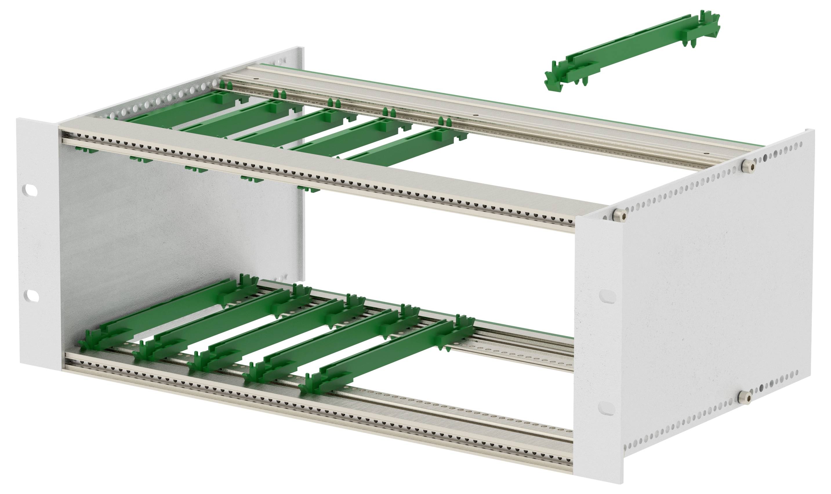 'Open-frame metal enclosure with green brackets for mounting circuit boards. One bracket is detached, illustrating assembly.'