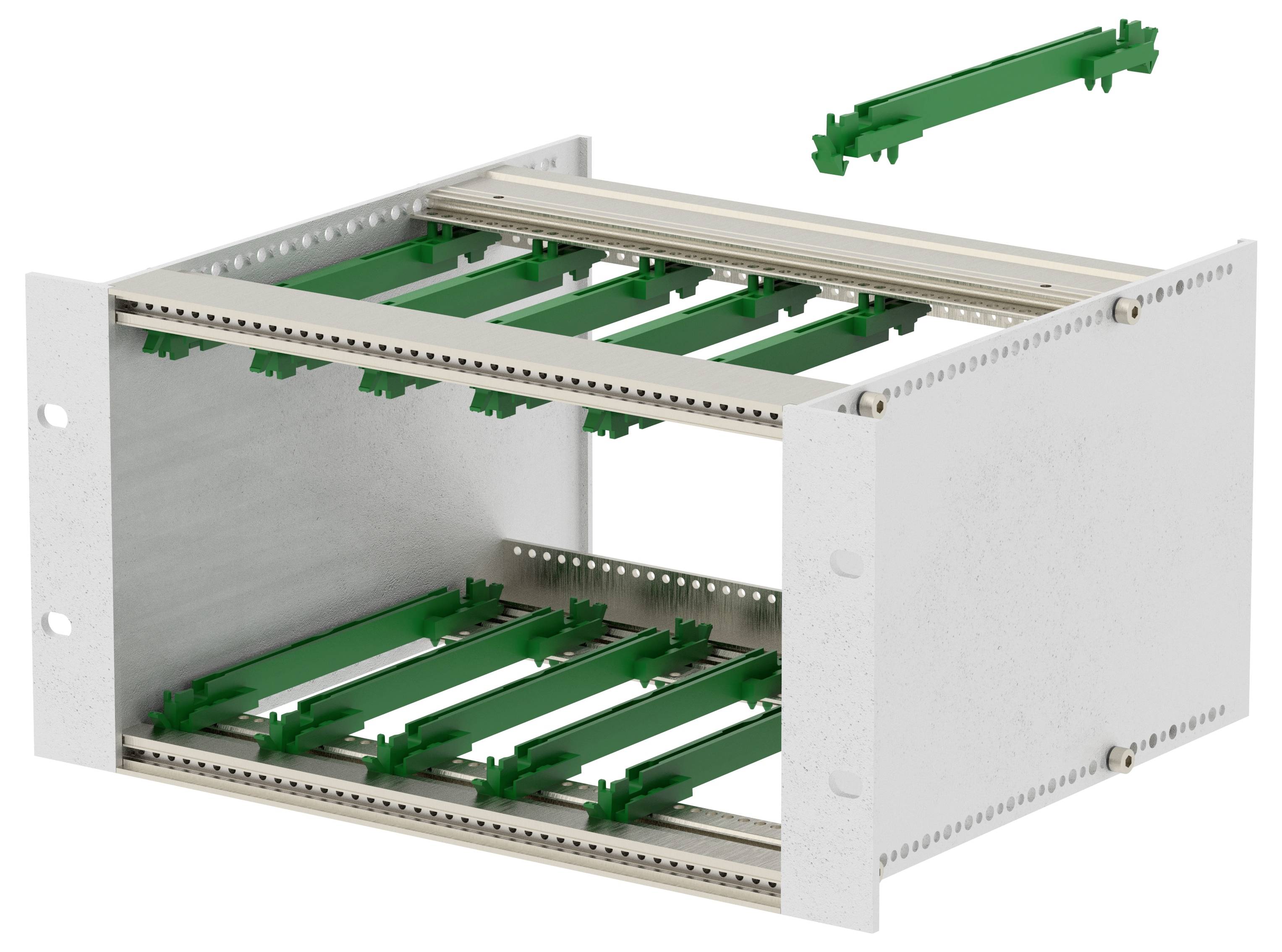 An open metal cabinet with parallel green guides inside, used for mounting electronic equipment. One guide is shown separately above.