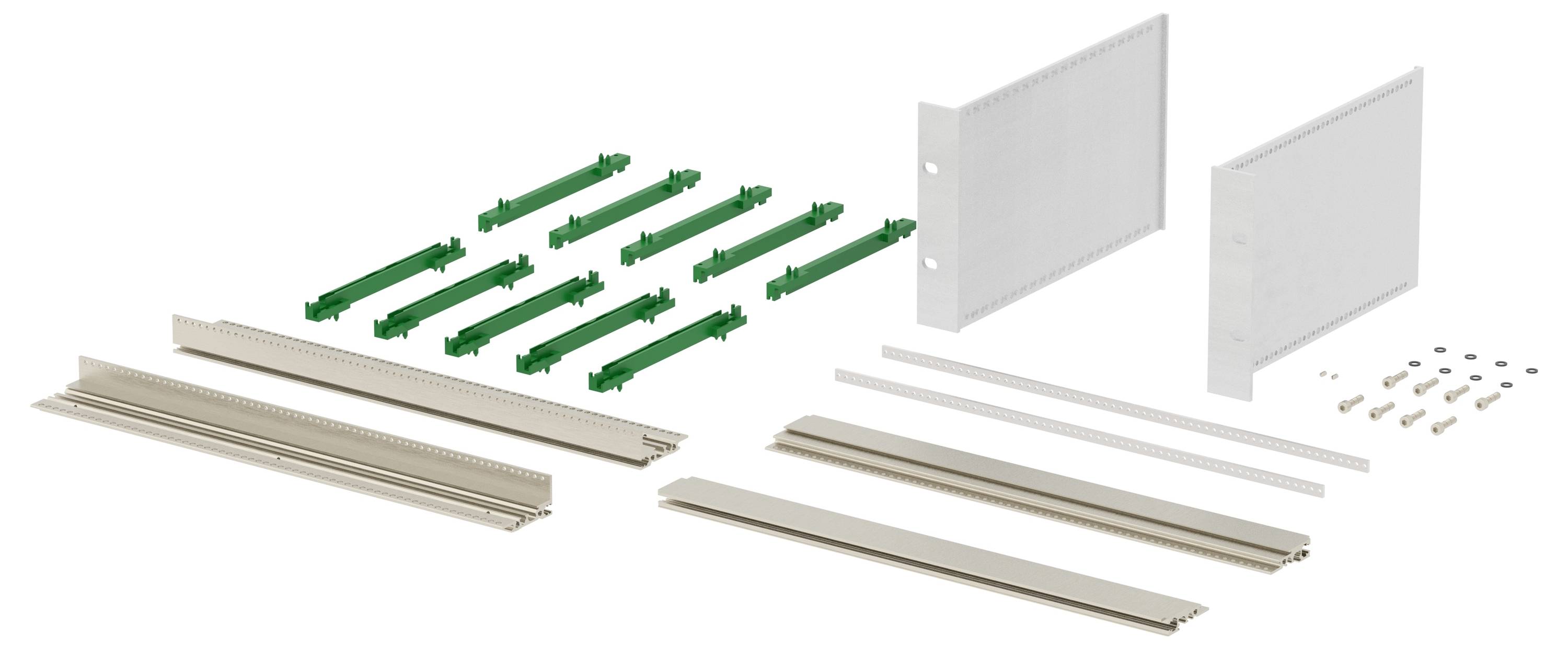 A disassembled drawer kit with side panels, front and rear bars, metal strips, and screws, neatly arranged on a white background.