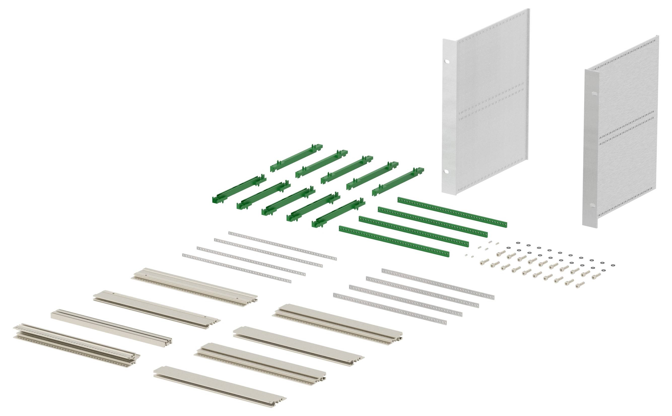 Components for assembling a storage unit, featuring two large side panels, various metal bars, and connectors, arranged systematically.