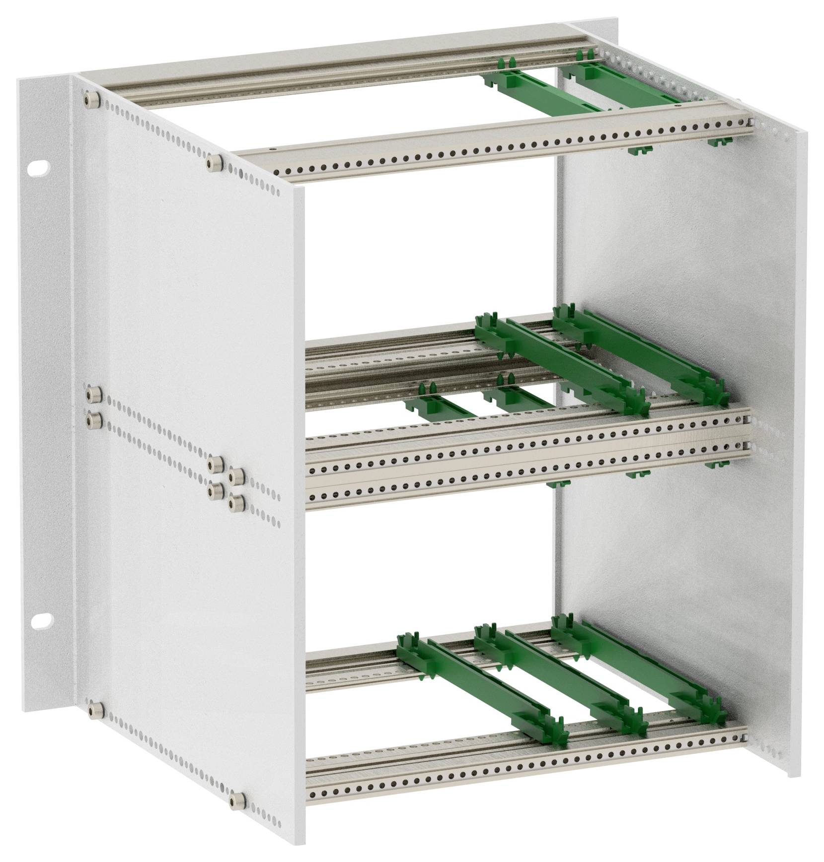 A metallic rack structure with three shelves, featuring green guide rails on each level. Designed for holding electronic components or modules.