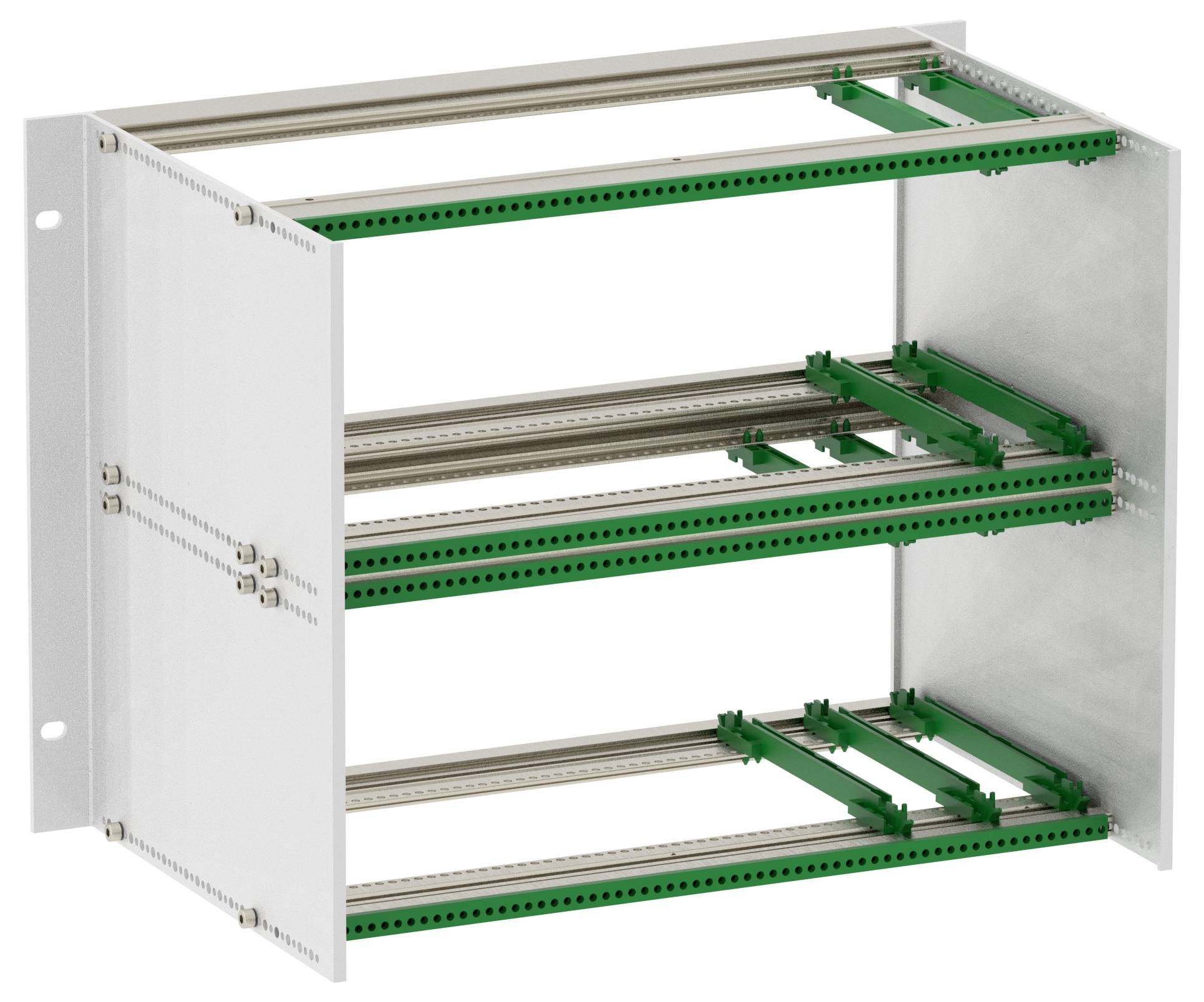A metal rackmount chassis with multiple empty slots for electronic components, featuring three levels and mounting rails.