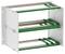 A metal rackmount chassis with multiple empty slots for electronic components, featuring three levels and mounting rails.