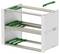 An open, metal rack enclosure with three compartments, showcasing green mounting rails and a floating rail outside the top.