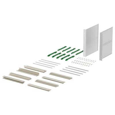 'Flat pack wardrobe kit components laid out, including panels, connectors, screws, and rails, organized in rows for assembly.'