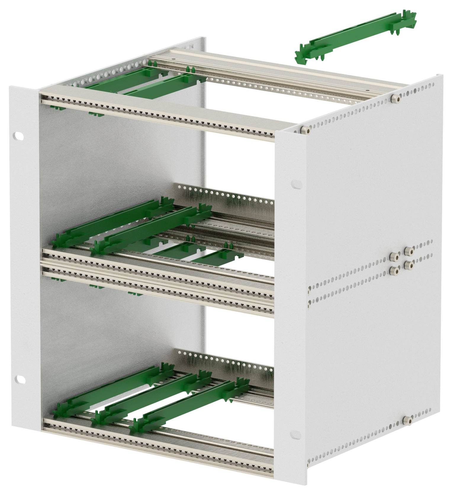 A metal electronic rack with multiple slots, green rails, and detachable components for organizing circuit boards or electronic devices.