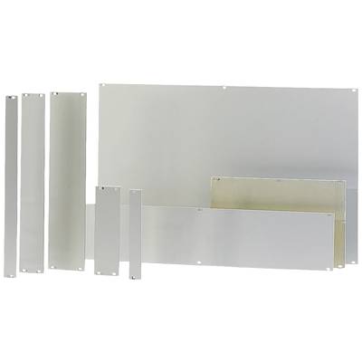 Several silver, rectangular metal plates of varying sizes are arranged side by side.