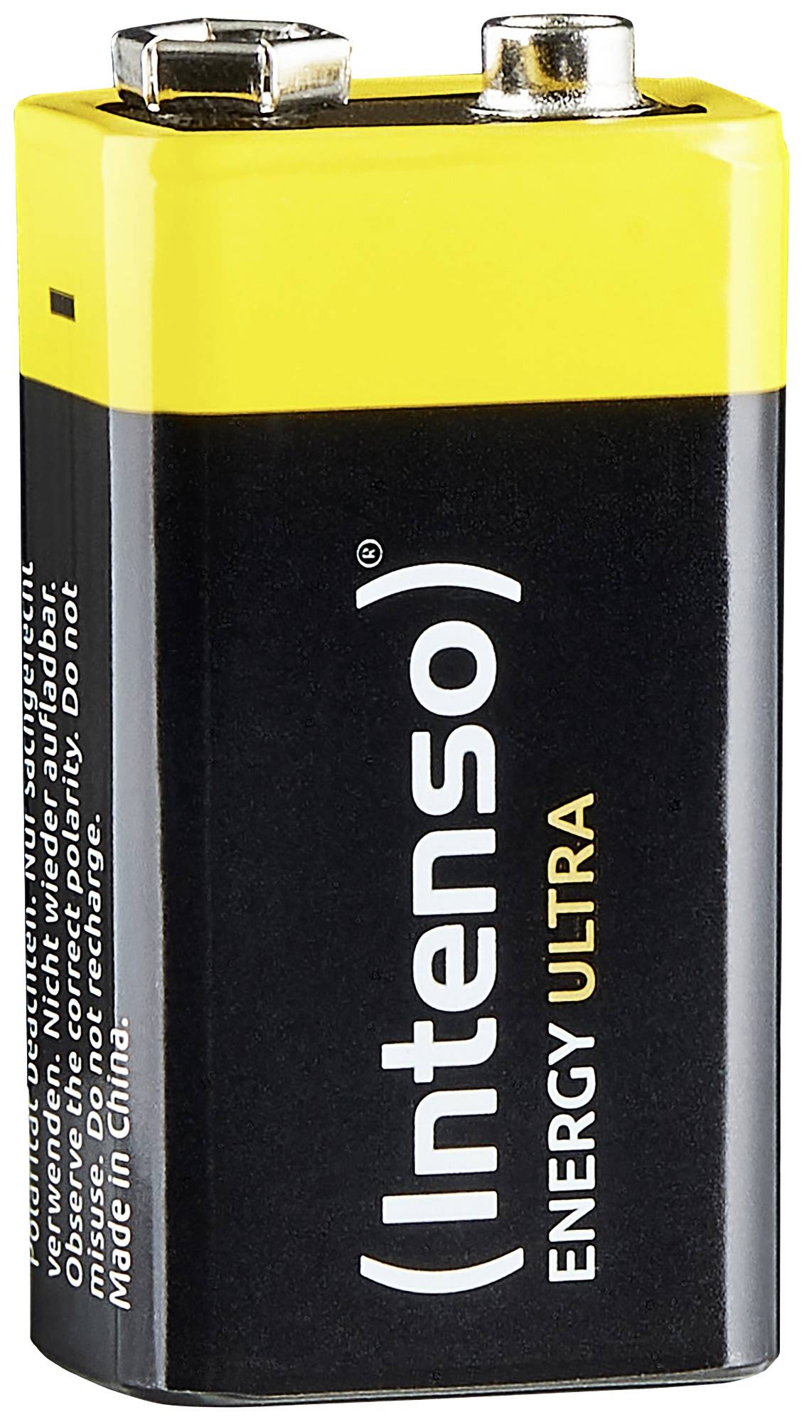 Yellow and black 9-volt battery by Intenso, Energy Ultra model, standing vertically with visible terminals at the top.