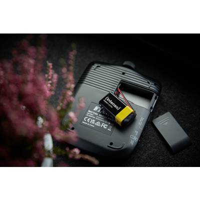 Back of a device with an open battery compartment, showing a removed battery branded 'Intenso'.