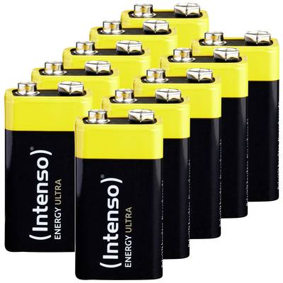 Eight yellow-black 9-volt batteries of the brand 'Intenso Energy Ultra' are arranged in two rows.