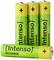 Four green rechargeable AA batteries stand upright; another lies in front. Caption: 'Intenso RECHARGE ACCU'.