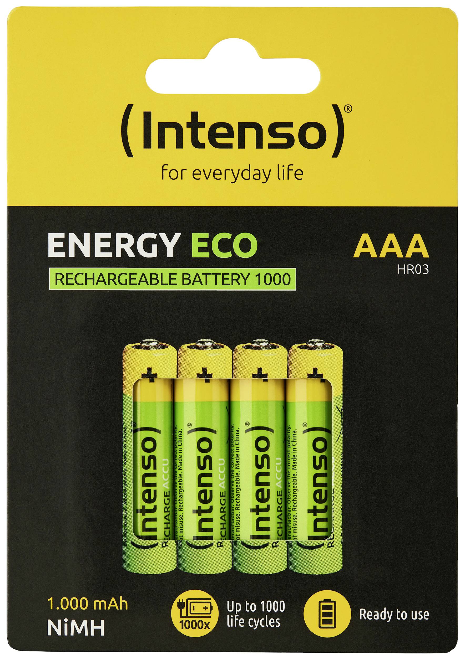 'Four rechargeable AAA batteries by Intenso, type Energy Eco, 1000 mAh, NiMH, packaged in a blister pack.'