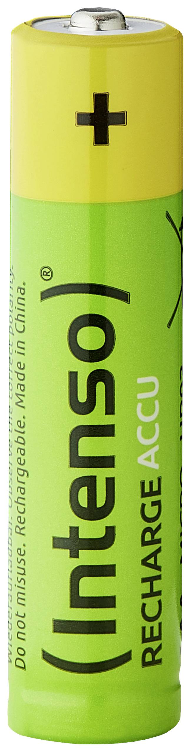 Green AA battery with yellow top, brand 'Intenso', rechargeable. Inscription 'RECHARGE ACCU', manufactured in China.