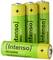 Four green AA batteries by the brand 'Intenso', all with yellow ends and an upright plus symbol. One battery is lying in the front, the others are standing.
