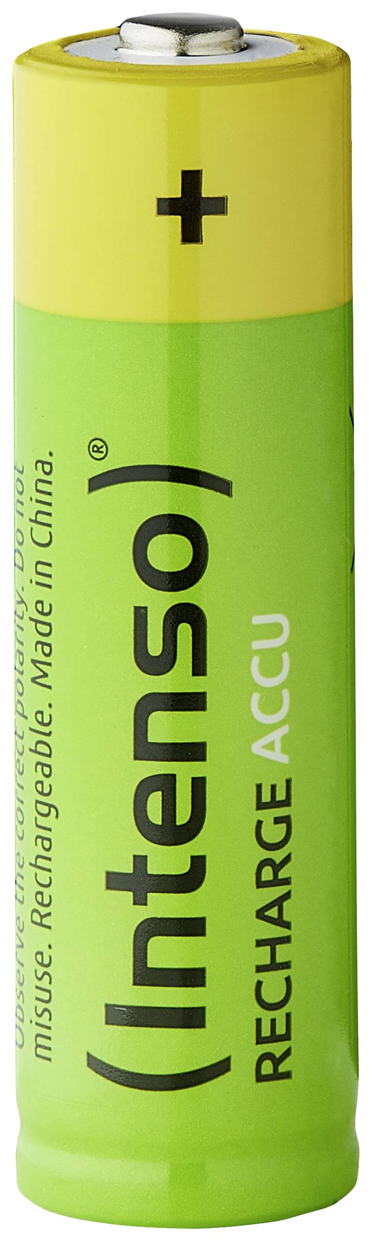 Rechargeable Intenso battery with yellow positive terminal. Green casing with black lettering 'Intenso' and 'Recharge Accu'. Made in China.