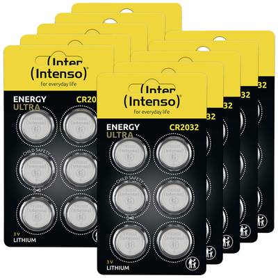 Eight blister packs, each containing two CR2032 button cell batteries, brand 'Intenso', labelled 'Energy Ultra'.
