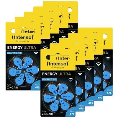Battery packs from Intenso Energy Ultra for hearing aids, Type 675, 1.4V, with blue labels, stacked in triple sets.