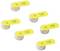 Six yellow hearing aid batteries in a round shape, each printed with '+ 10'.