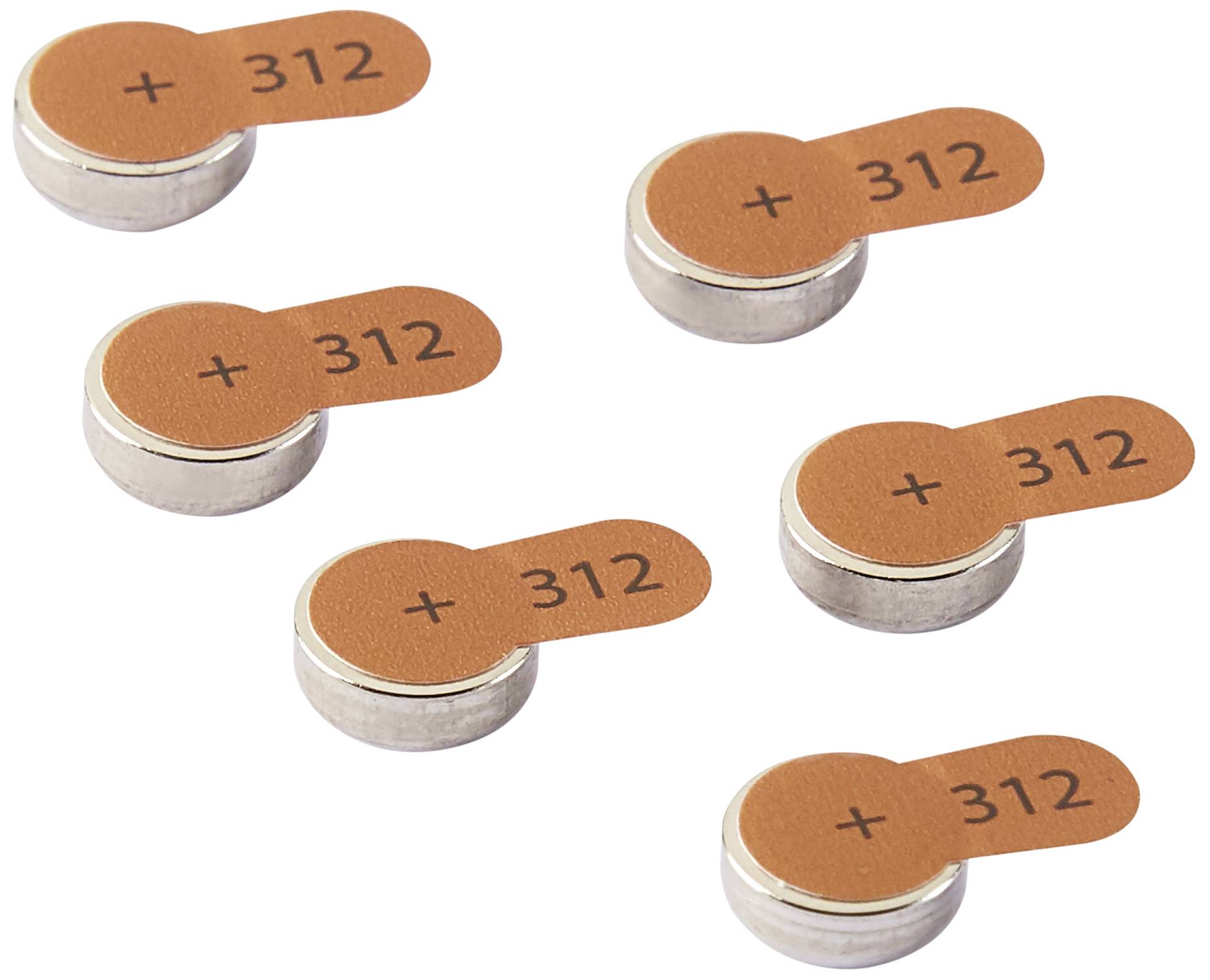Six hearing aid batteries size 312, each with an orange label marked '+ 312'.