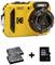 Yellow waterproof camera next to two batteries and a 16GB MicroSD card.