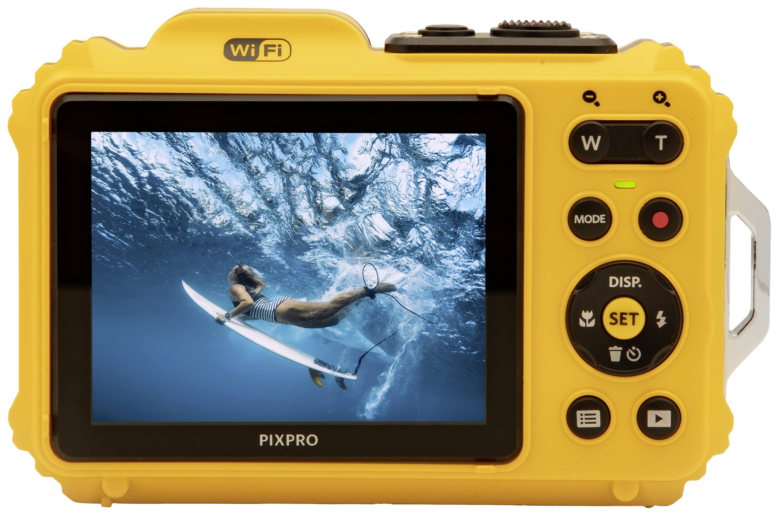 Yellow digital camera with display; photo of an underwater surfer on the screen. Mode and view buttons surrounding the display.