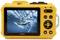 Yellow digital camera with display; photo of an underwater surfer on the screen. Mode and view buttons surrounding the display.