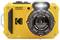 A yellow, robust digital camera with '15M/50FT Waterproof', 'KODAK', and 'PIXPRO LENS' labelling, suitable for underwater photography.