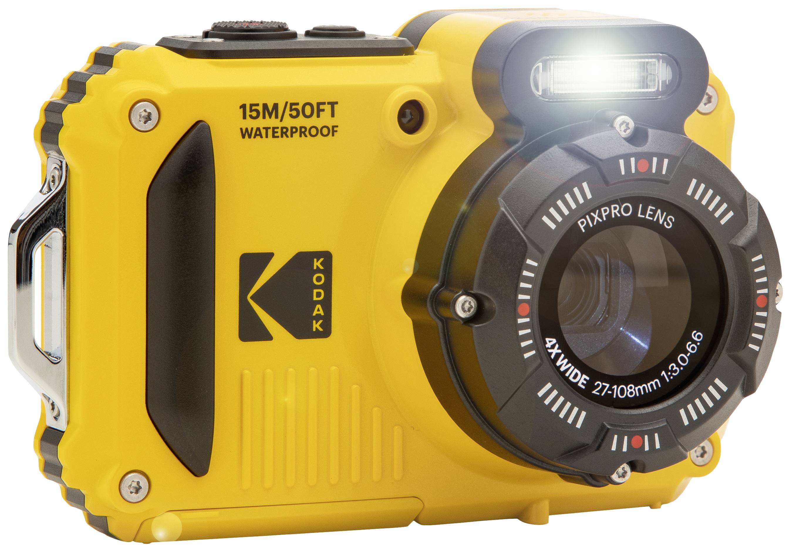 Yellow waterproof digital camera with a 4x wide-angle zoom lens, suitable for underwater photography up to 15 metres deep.