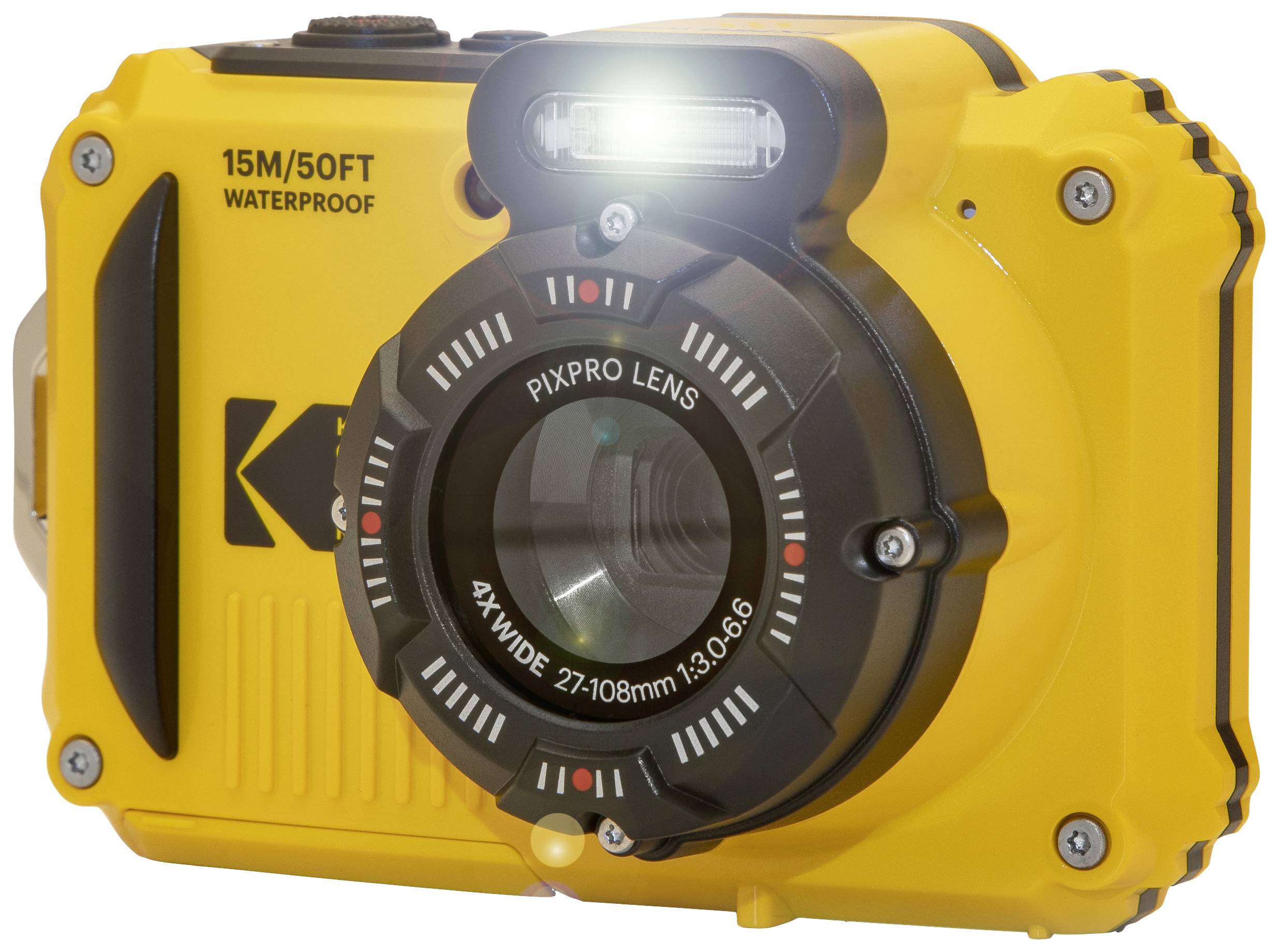 Yellow waterproof camera with large lens and flash, suitable for underwater photography up to 15 metres deep.