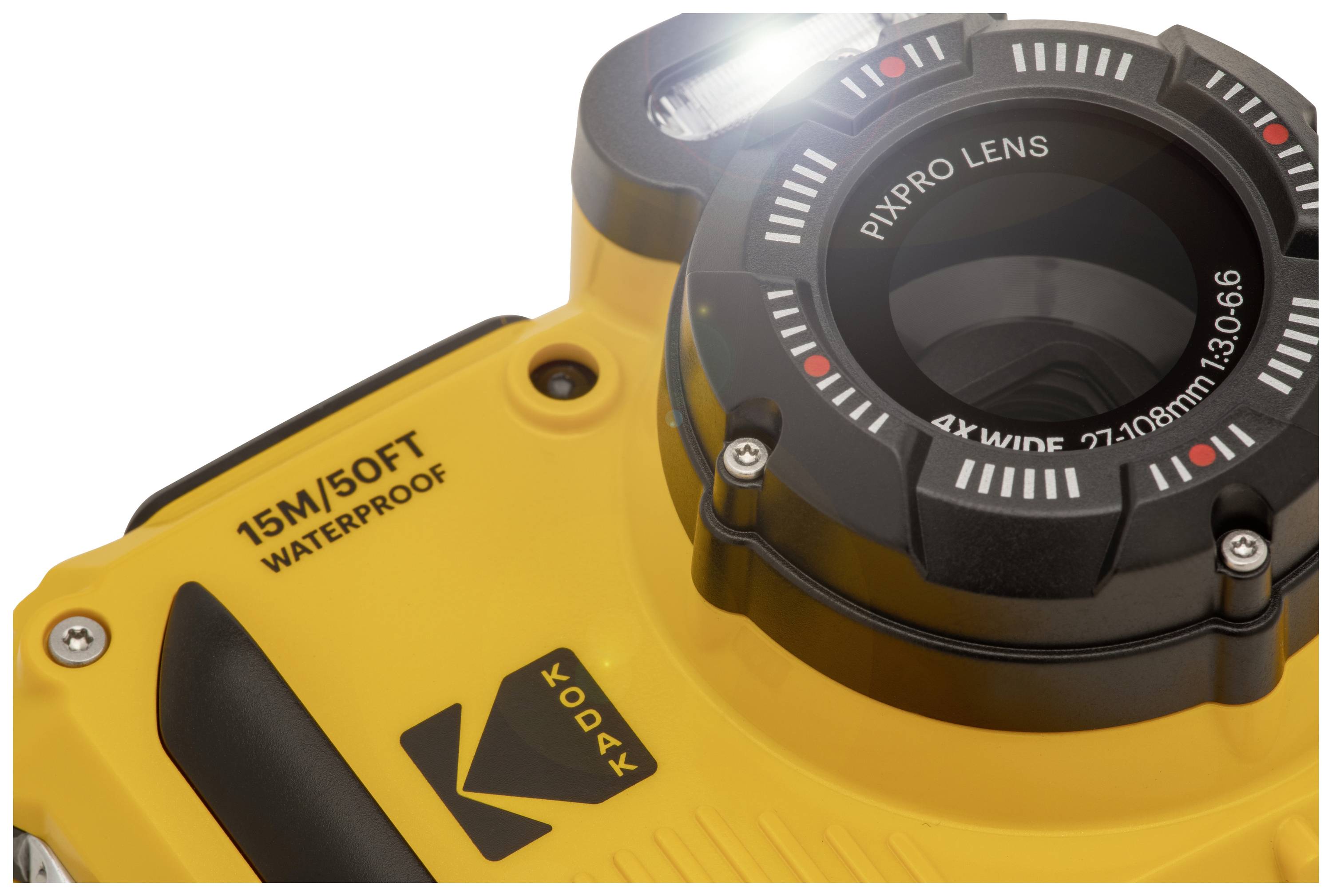 Close-up of a yellow waterproof camera with the inscription '15M/50FT WATERPROOF' and 'PYXPRO LENS', under flash lighting.