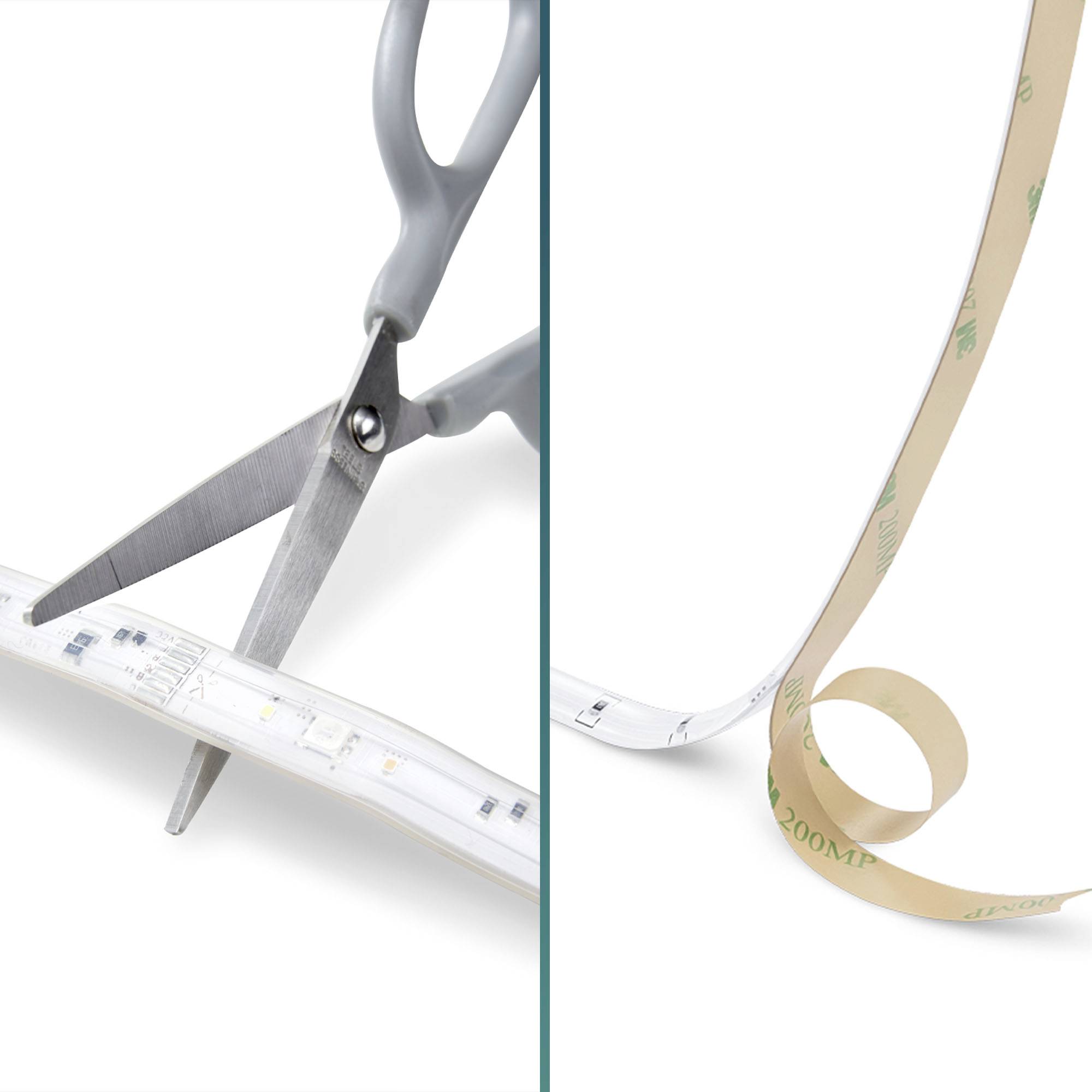 'Scissors cutting LED strip'; 'LED strip with removable adhesive backing'